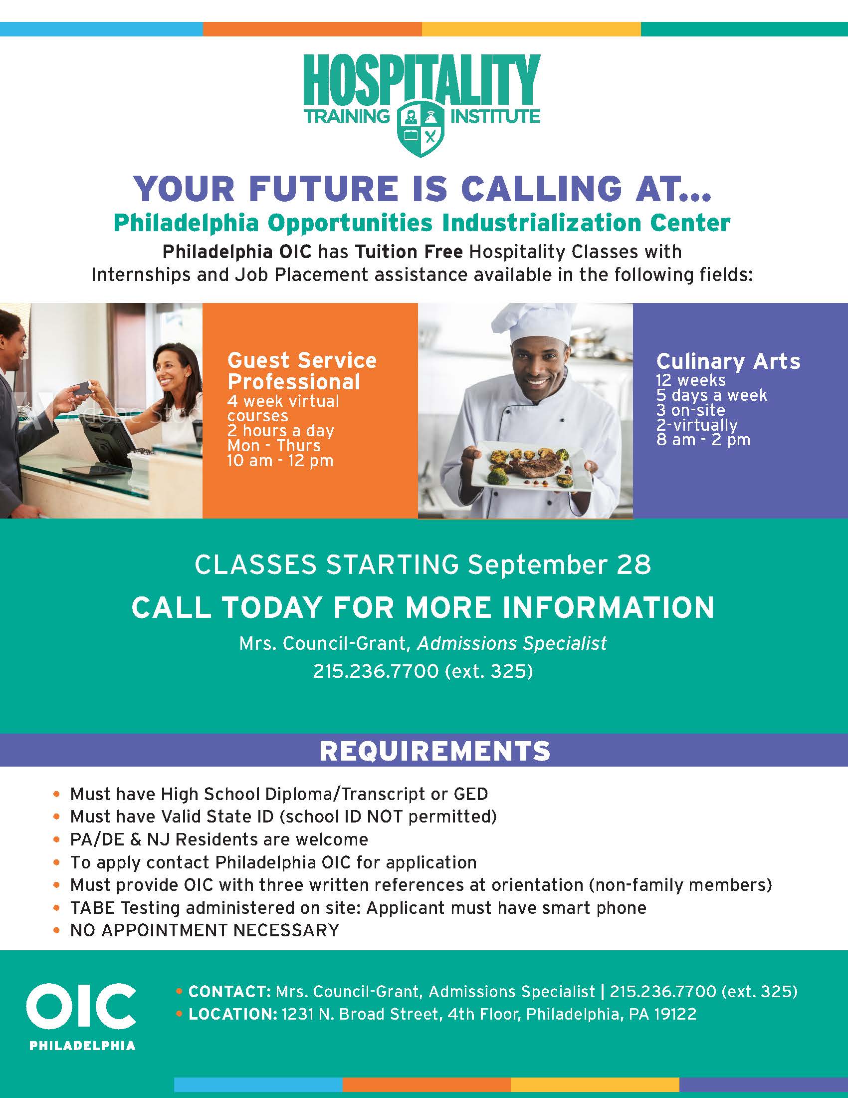 We are recruiting for our FREE Hospitality Training Institute! Classes start on October 5th